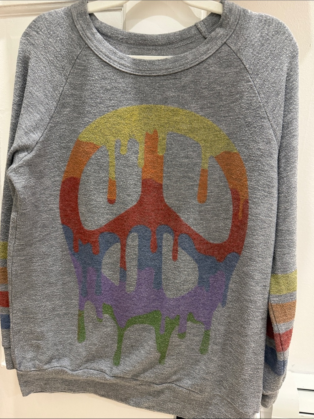 Gray Crewneck Sweater with Rainbow Drip Skull Graphic